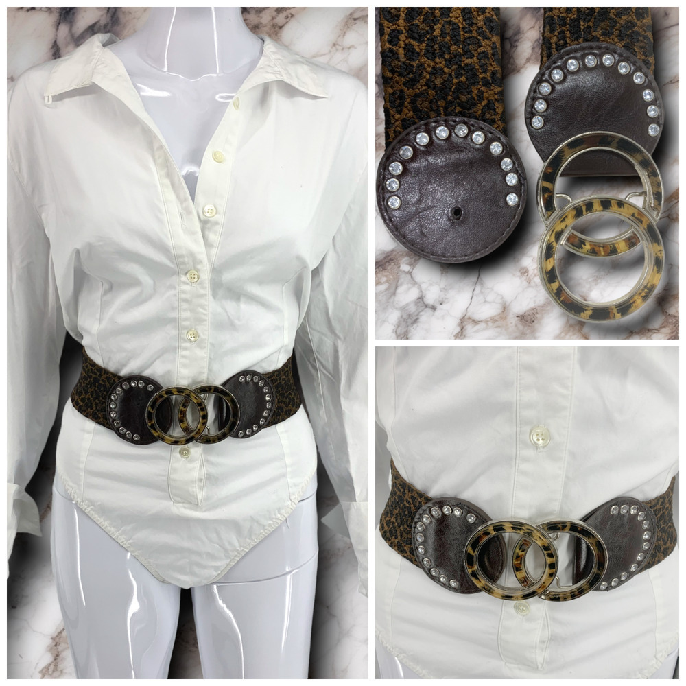 Vintage Y2K Leopard Elastic Double Circle Buckle Waist Belt New Wave Sz S/M